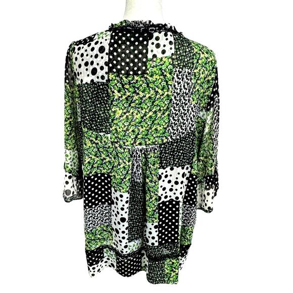 "Notations" Patchwork Sheer Blouse, TIe in Front,Ruffled Sleeves.Artsy,Country - Picture 3 of 8